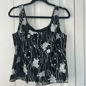 Alex Evenings Sz L Black Silver Floral W/ Glitter Tank Top Blouse Lined side zip